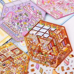 Cozy Critter Shops DIY 3D Sticker Collection — 4 Cute Miniature Shop Scenes