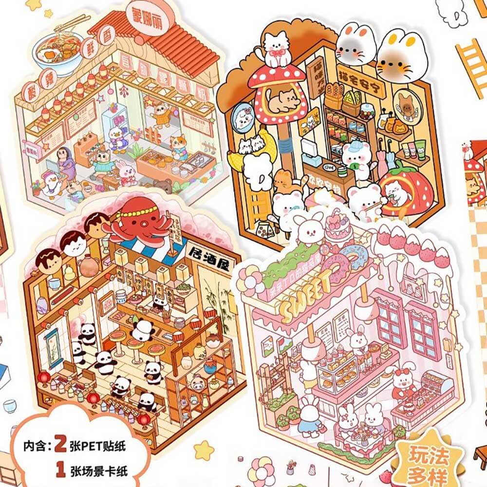 Furry Friends Tycoon DIY 3D Scene Stickers — 4 Miniature Business Themes