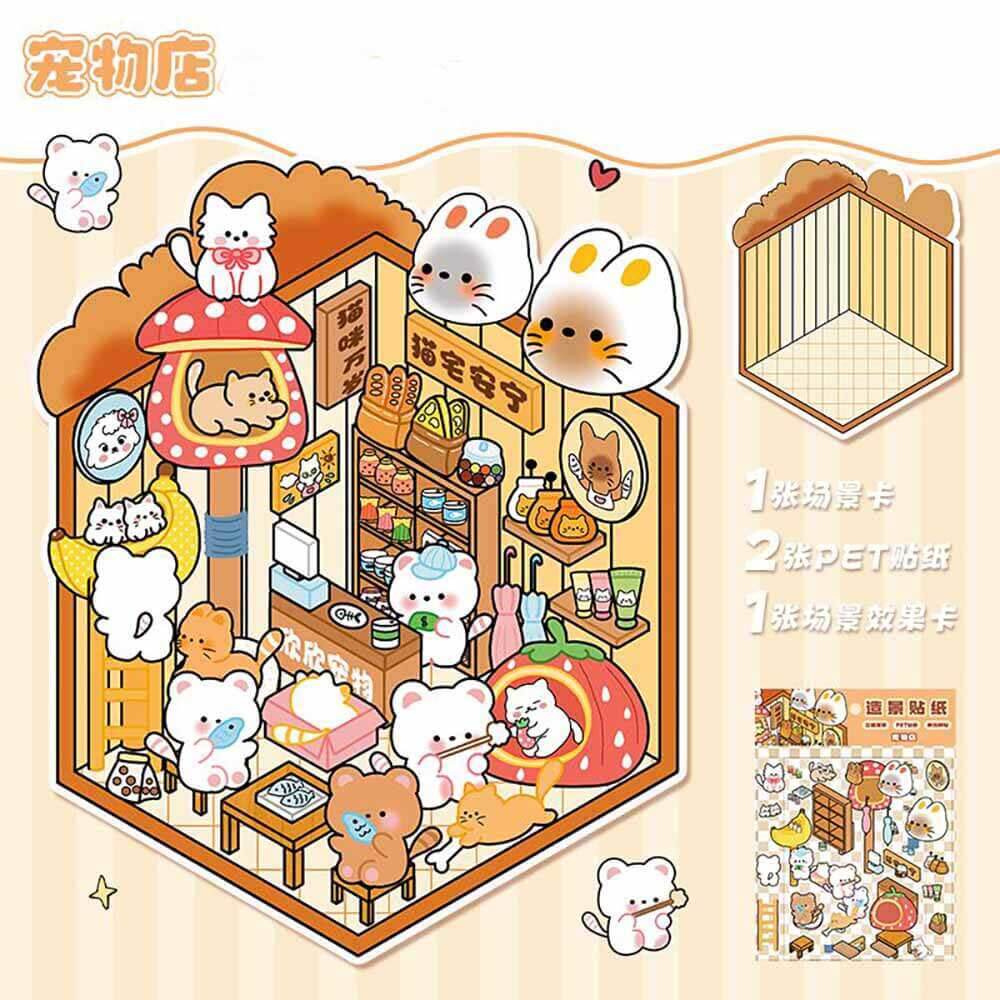 Furry Friends Tycoon DIY 3D Scene Stickers 4 Cute Miniature Scenes