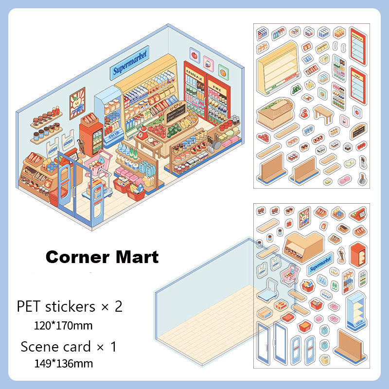 Corner Series: Sweet Sip Stay Shop DIY 3D Scene Stickers — 4 Lovely Miniature Shops