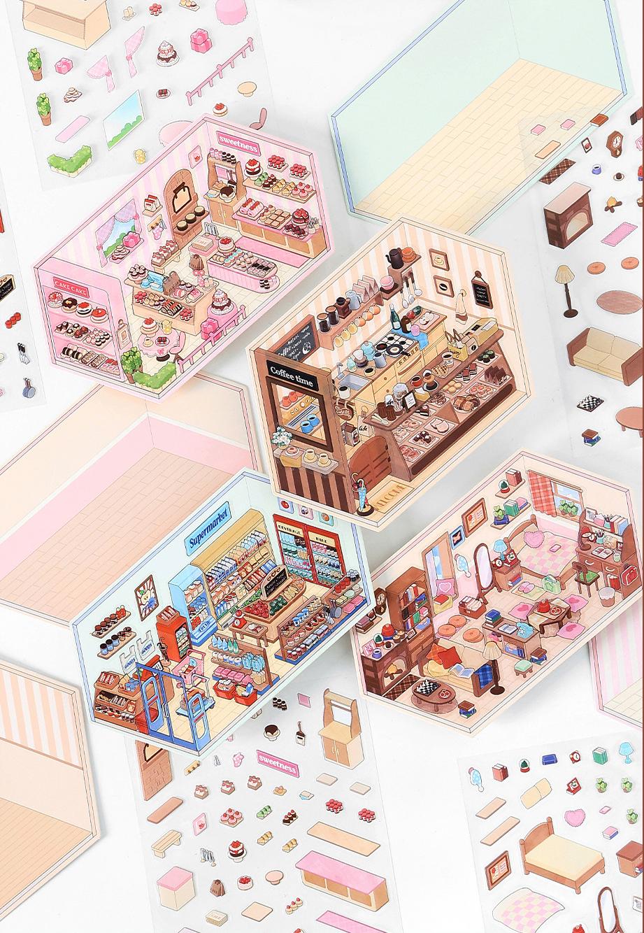 Corner Series: Sweet Sip Stay Shop DIY 3D Scene Stickers — 4 Lovely Miniature Shops