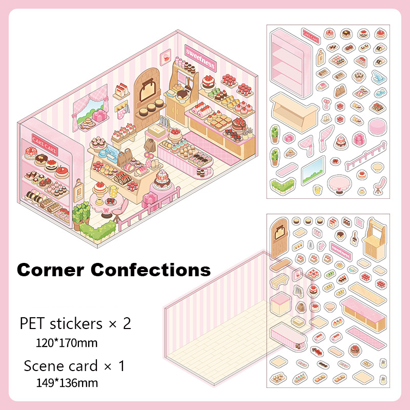 Corner Series: Sweet Sip Stay Shop DIY 3D Scene Stickers — 4 Lovely Miniature Shops