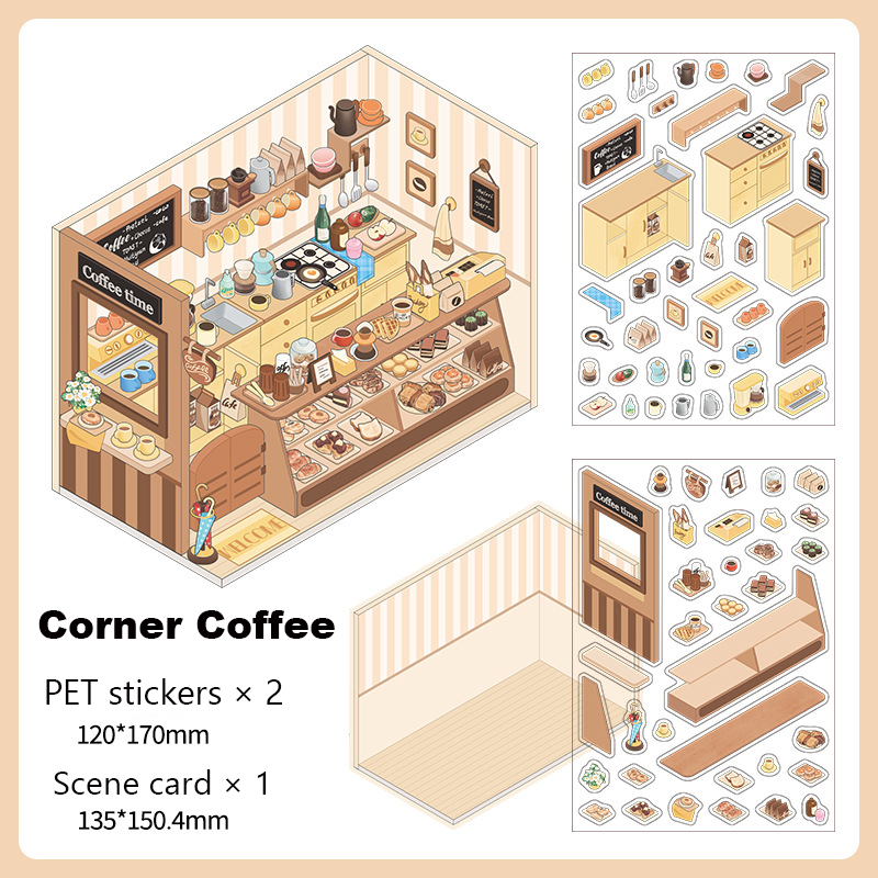 Corner Series: Sweet Sip Stay Shop DIY 3D Scene Stickers — 4 Lovely Miniature Shops