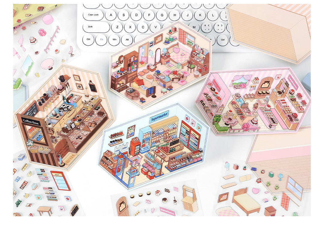 Corner Series: Sweet Sip Stay Shop DIY 3D Scene Stickers — 4 Lovely Miniature Shops